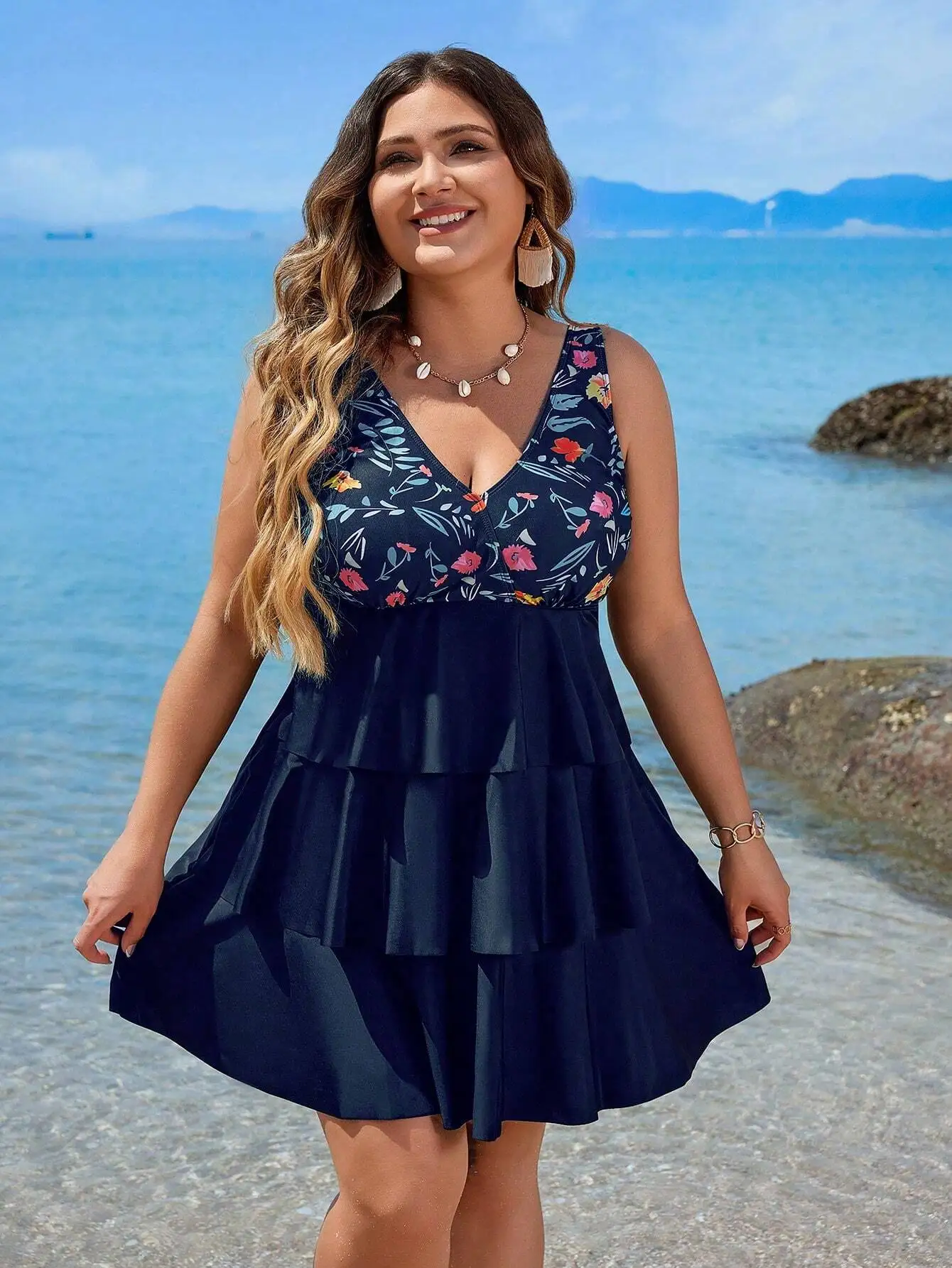 Plus Size Women Floral Print Sleeveless Tankini Swimsuit For Beach Vacation