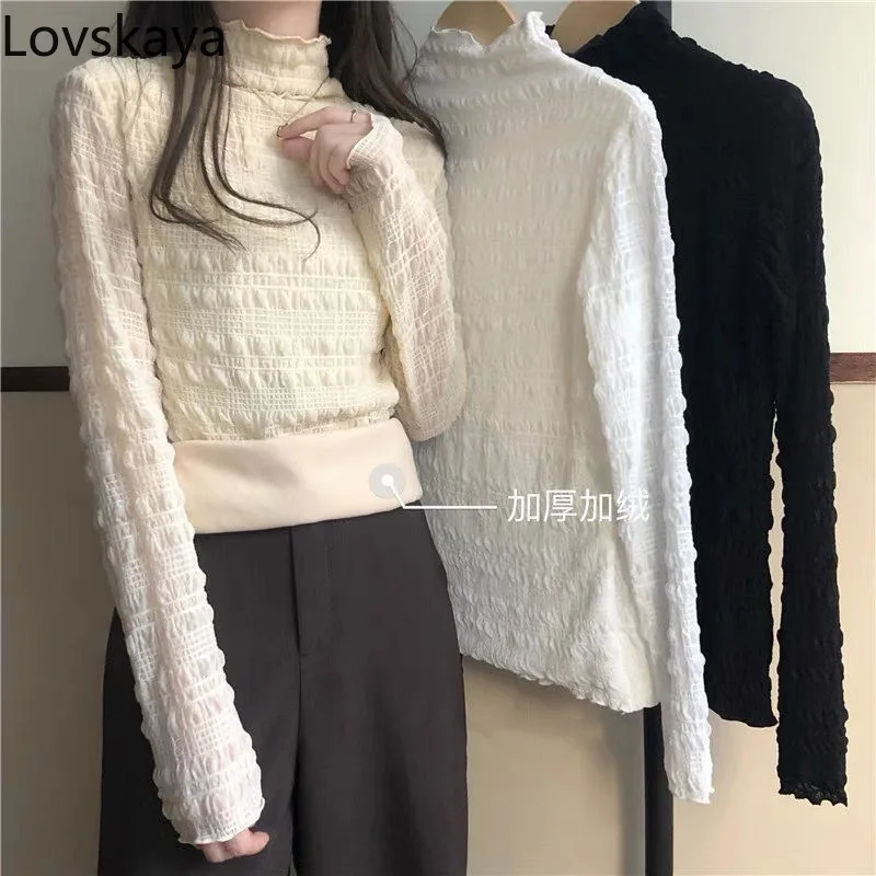 

Inner lining with gentle style half high neckline soft plush sweater solid color thickened lace sweater