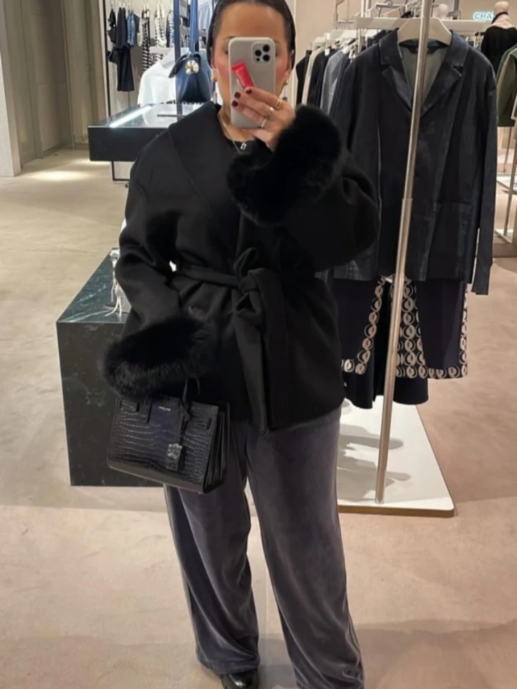 Wool Coat Woman Warm Winter with Real Fur Cuffs Double Faced Outerwear, Soft Textured Coat for Daily Wear Travel and City Style