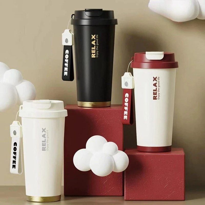 Isolierte Kaffeetasse aus Edelstahl für Damen und Herren, hohes Aussehen, tragbarer Doppeltrinkbecher, Strohhalm