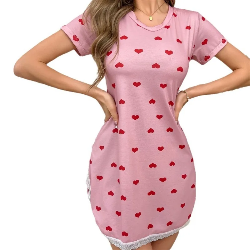 Summer Short Sleeve Nightgown with Heart Print Soft Pink Nightdress Modal Cotton Comfortable Breathable Women Home Pajamas
