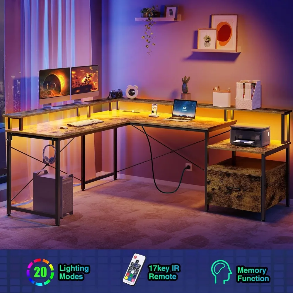 مكتب ألعاب ركن Rolanstar مع أدراج، مكتب قابل للعكس 64 مع مخرج طاقة وإضاءة LED، يتضمن خزانة ملفات #3