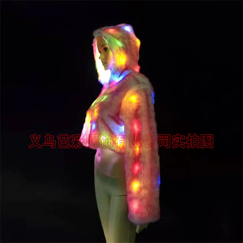 Traje de dança LED Tron para mulheres, roupas iluminadas, casaco de pele sintética, boate bar, festa de Natal, roupa Rave, jaqueta brilhante, bailarina