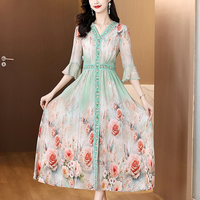 2025 Boho Floral seda elegante vestido largo de playa Primavera Verano seda Rhinestone vestido de vacaciones 2023 coreano Vintage fiesta de noche