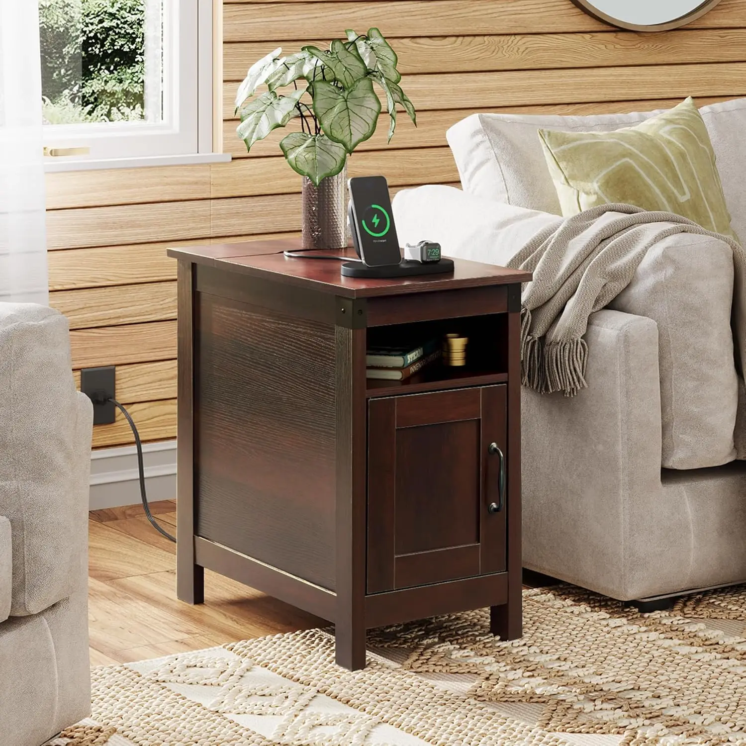 Narrow End Table with Charging Station, Narrow Side Table for Living Room,   USB Ports and Outlets