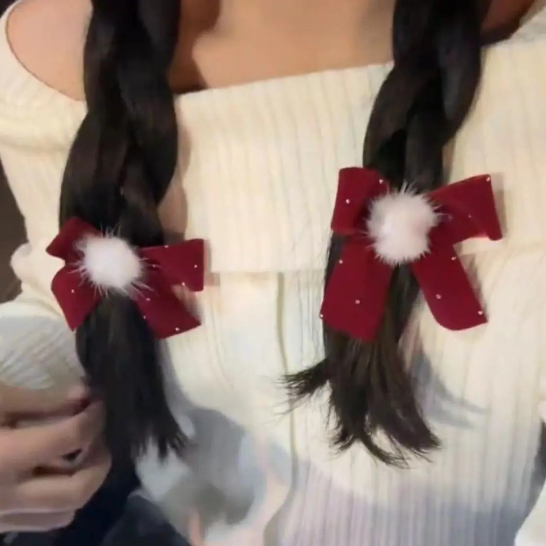 دبابيس شعر على شكل فيونكة مخملية حمراء للأميرة فتاة لطيفة Pompom للأطفال مقاطع شعر للخريف والشتاء مقاطع كورية حلوة أغطية رأس للعام الجديد #5