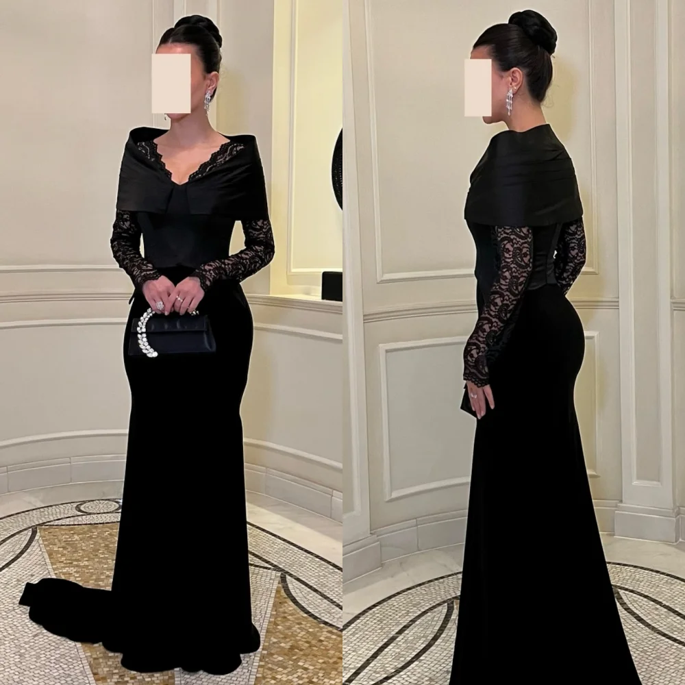 Abiti lunghi con scollo a V a sirena in pizzo con pieghe in jersey semplice personalizzato Taglie per feste su misura disponibili di alta qualità