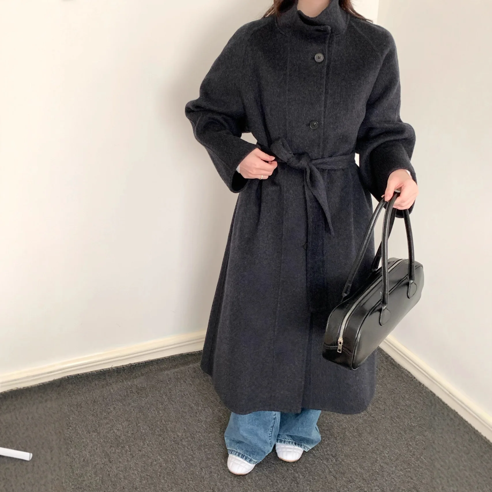 

Fashion Women Long Woolen Coat Solid Loose Casual Single Breasted Double-sided Ladies Overcoat Belt Autumn Winter