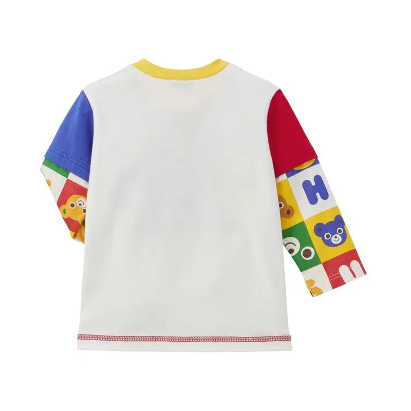 Boys\' Clothes Spring and Autumn New Six-square Grid Color Bear Print Fake Two Long-sleeved T-shirt Inner Top