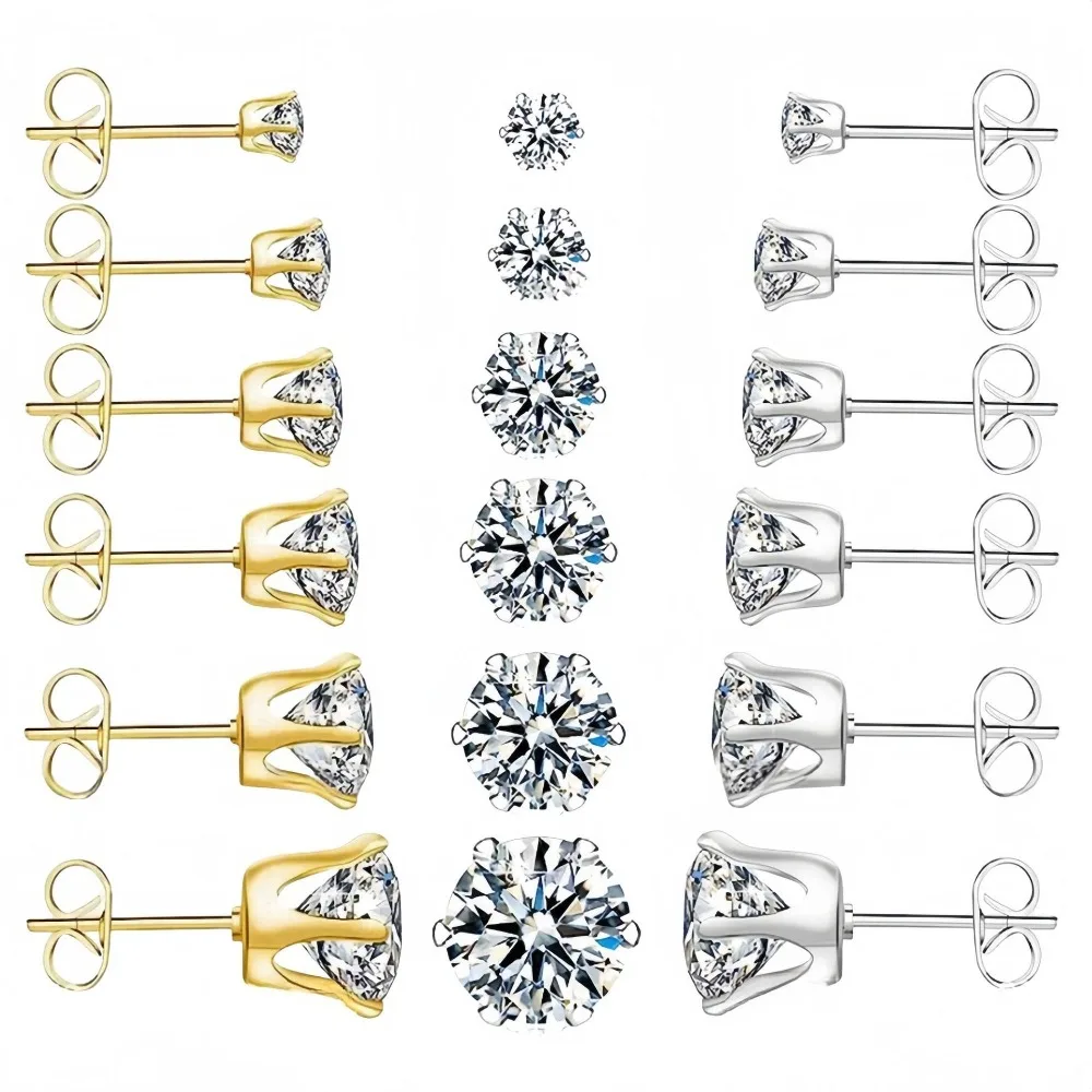 Luxury Classic Crown High Quality Six Claws 5A Zircon Butterfly Clasp Piercing Stud Earrings Men Women's Stainless Steel Jewelry