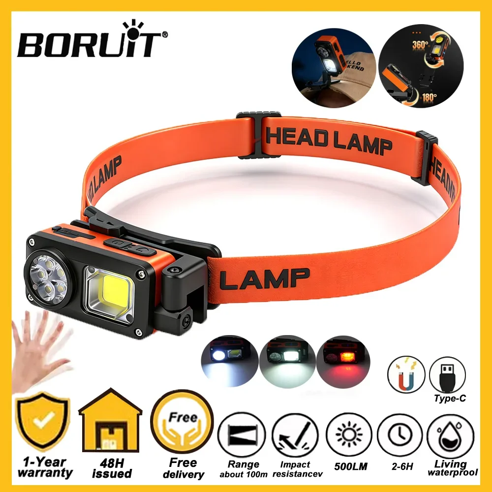 BORUiT 500LM 5 Modes Head Flashlight LED Sensor Angle Adjustable with Magnet& Clip Headlamp Camping Headlights Hunting Lantern