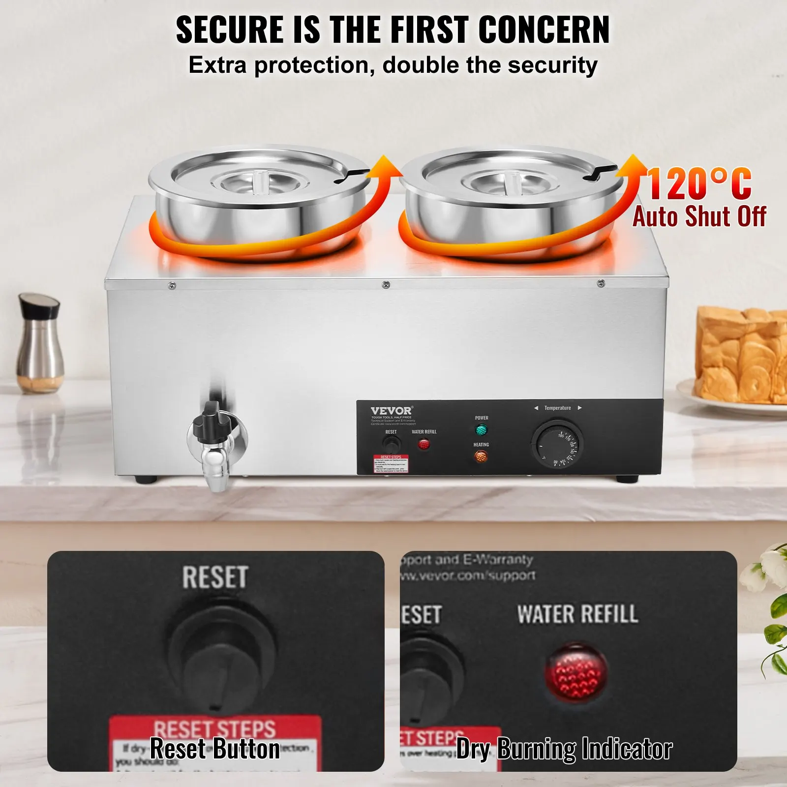 Scalda zuppe elettrico, doppia pentola rotonda in acciaio inossidabile da 7,4 QT, temperatura regolabile, Bain Marie commerciale da 1200 W con bruciatura antisecco e