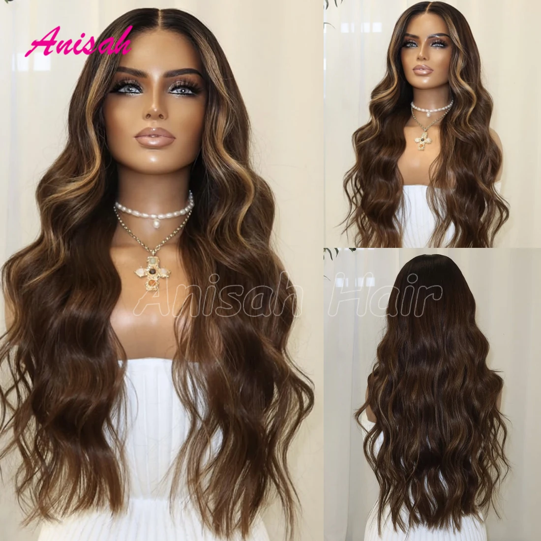 Ash Blonde Lace Front Highlight Wavy Wig Human Hair Glueless Brown Lace Closure Colored Wigs PrePlucked for Women