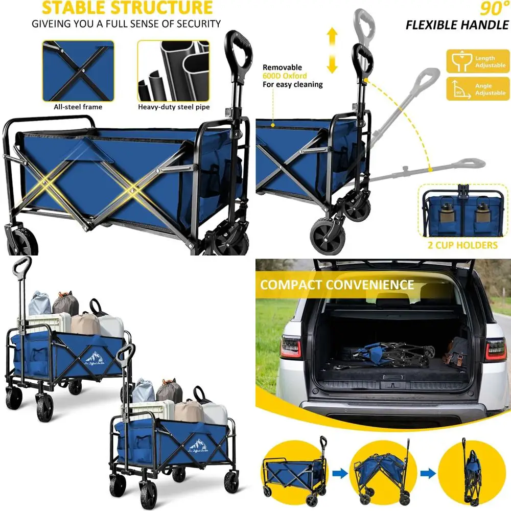 

Folding Utility Wagon with 220 lbs Capacity, Lightweight Cart for Camping, Shopping, Outdoors, Blue (2-Pack)