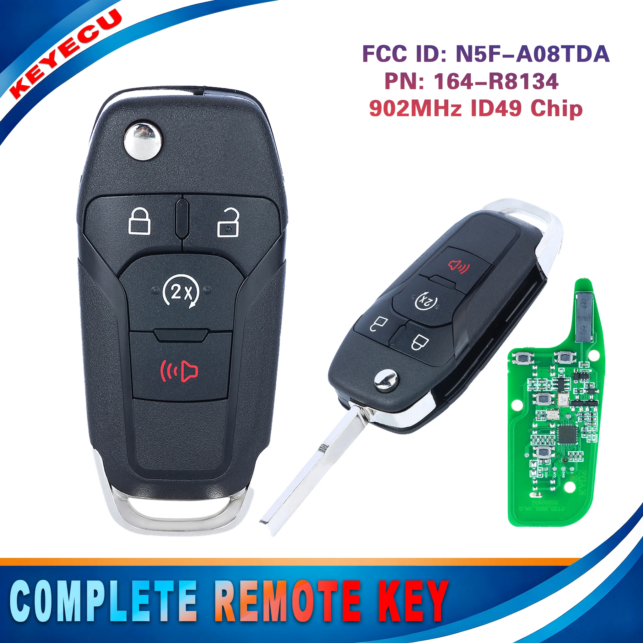 KEYECU for Ford F‑150 2015‑2021 F‑250 F-350 F‑550 Super‑Duty 2018‑2020 Flip Remote Key Fob N5F-A08TDA 164-R8134 902MHz ID49 Chip