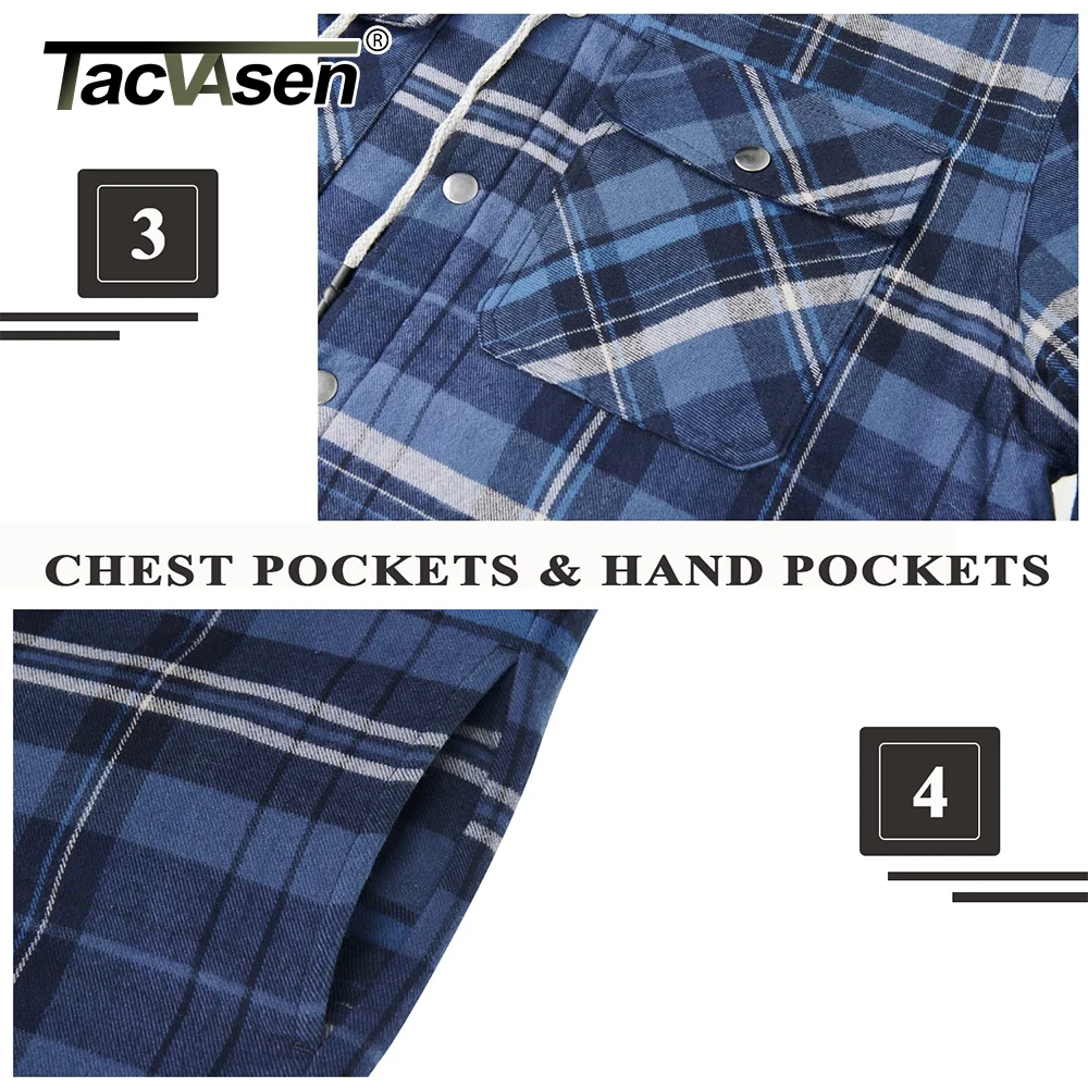 TACVASEN Men\'s Flannel Shirt Jackets with Hood Long Sleeve Quilted Lined Plaid Coats Thick Warm Winter Casual Hoodie Outerwear