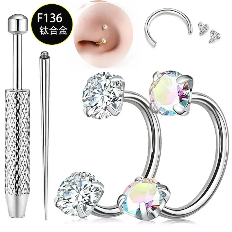 Hufeisen-Nasenring aus Titanstahl, hypoallergen, mit Doppel-Edelstein, Hufeisen-Nasenring, Hoop, Knorpel-, Helix-, Tragus-, Ohr- und Lippenpiercing – Detail 2