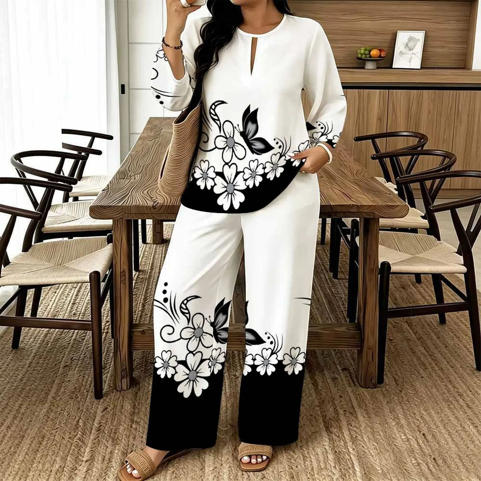 Women Casual Print Two Piece Set Round Neck Everyday Commuting Clothes Beach Vacation Sweatpants