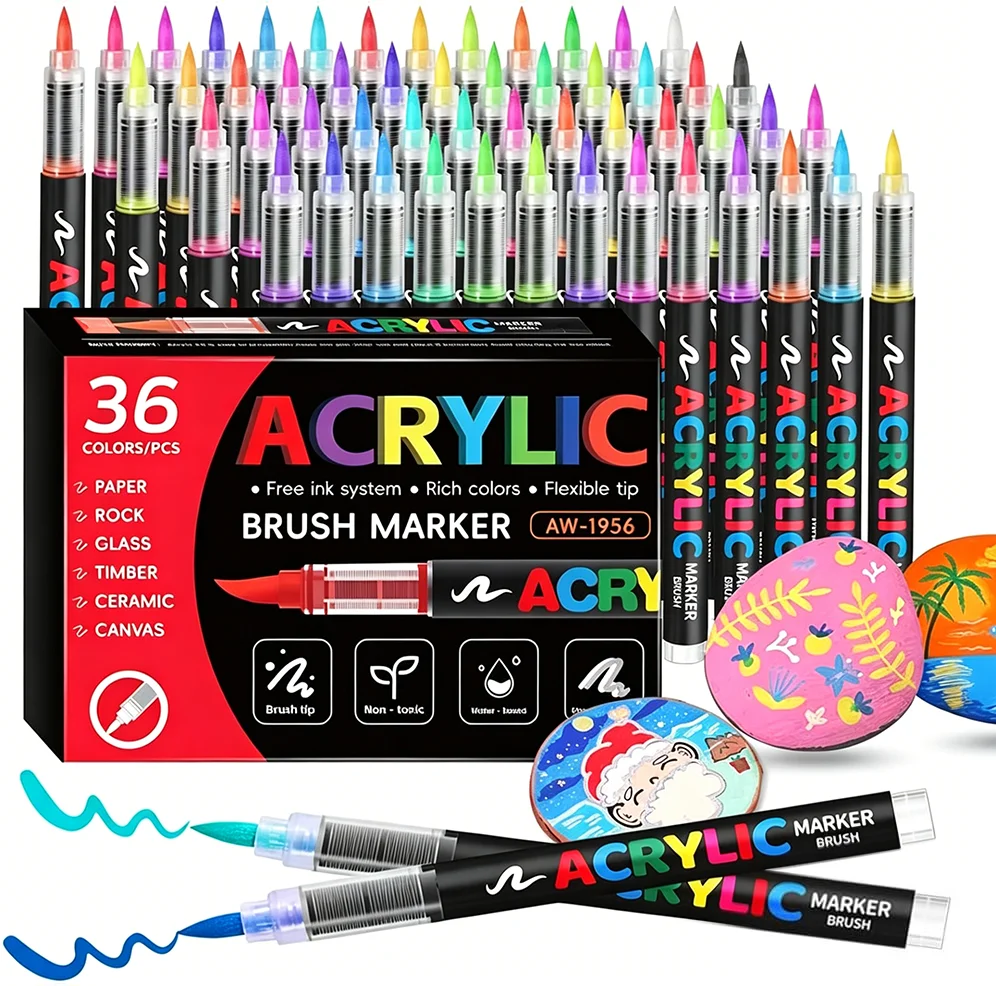 36-Colors Acrylic Paint Markers Set, Pens for Rock, Wood, Fabric, Canvas, Glass, DIY Crafts, Waterproof Markers, Vibrant Acrylic Paint