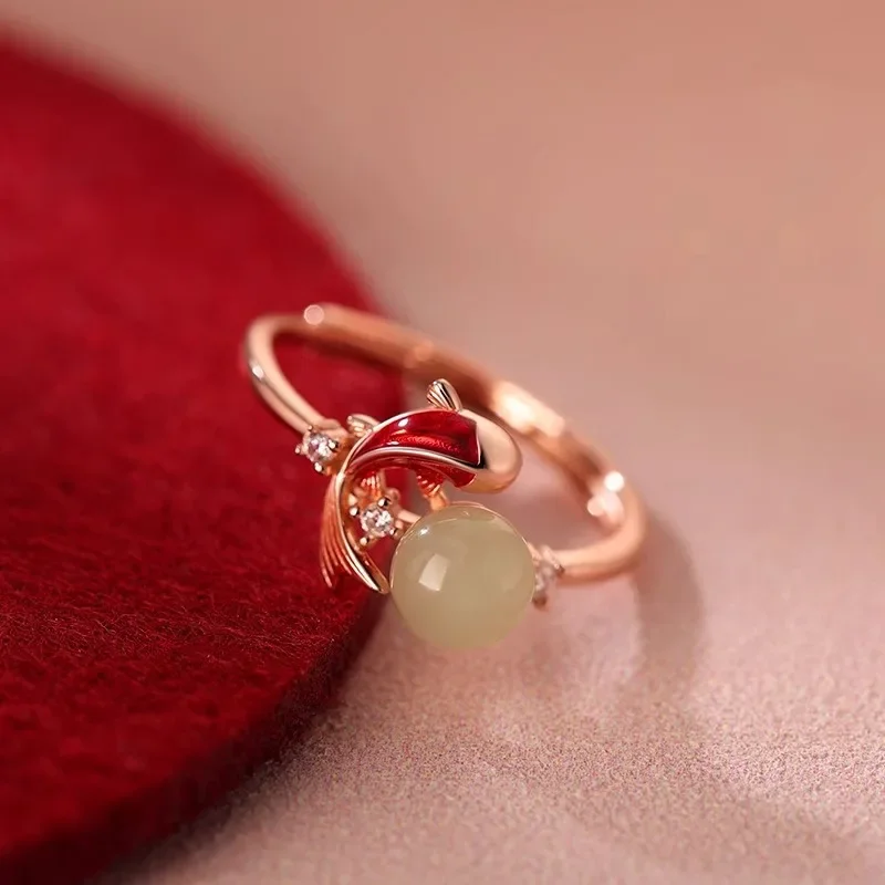 

Rose Gold Koi Fish Ring with Natural Hetian Jade & Red Enamel, Adjustable Open Ring with CZ Accents, Lucky Carp Jewelry for Women, Elegant Oriental Style Ring for Daily Wear, Wedding, and Valentine's Day Gift
