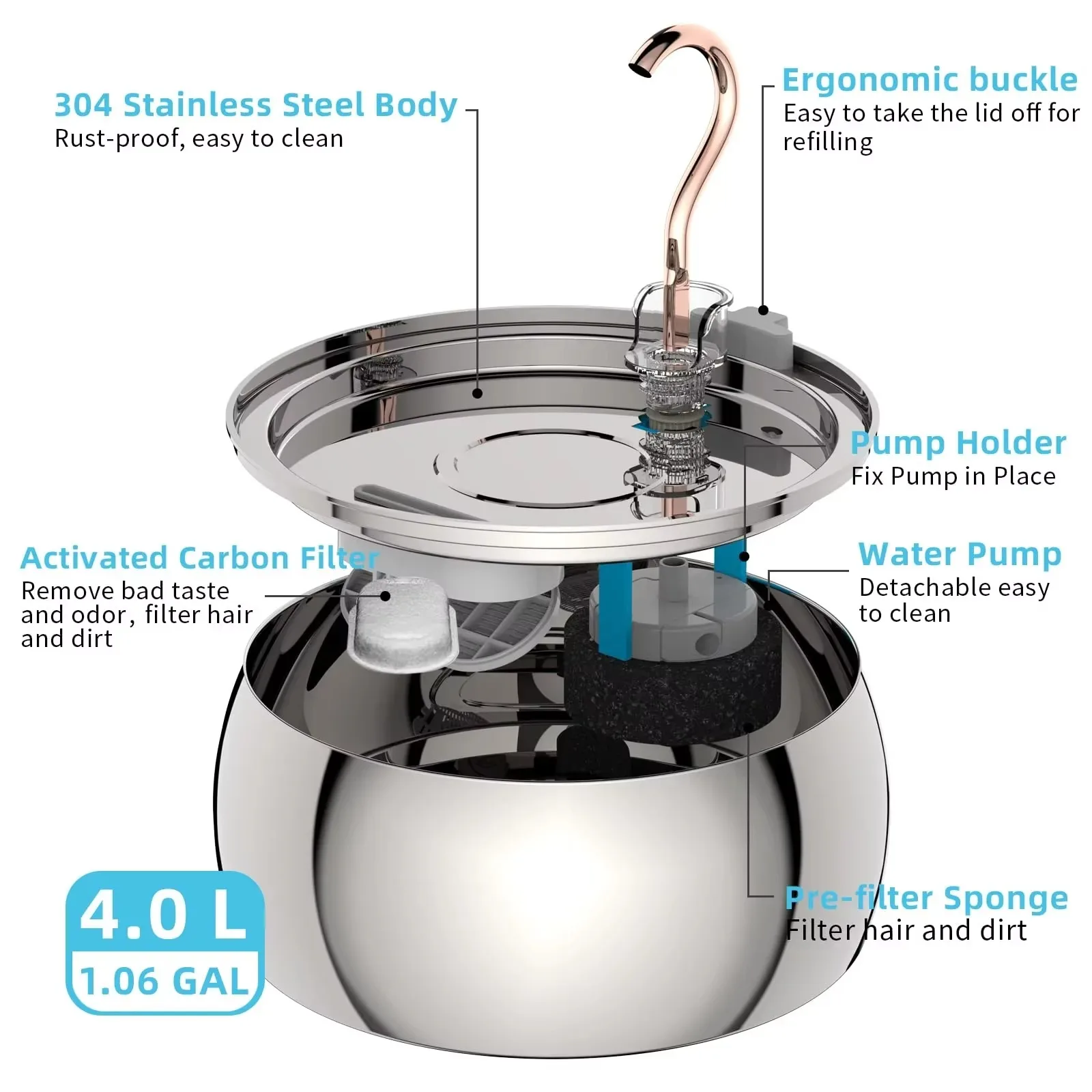 FurStar4L Stainless Steel Automatic Pet Water Dispenser Cat Water Fountain Ultra Quiet Dog Water Fountain With Filter Cat Produc