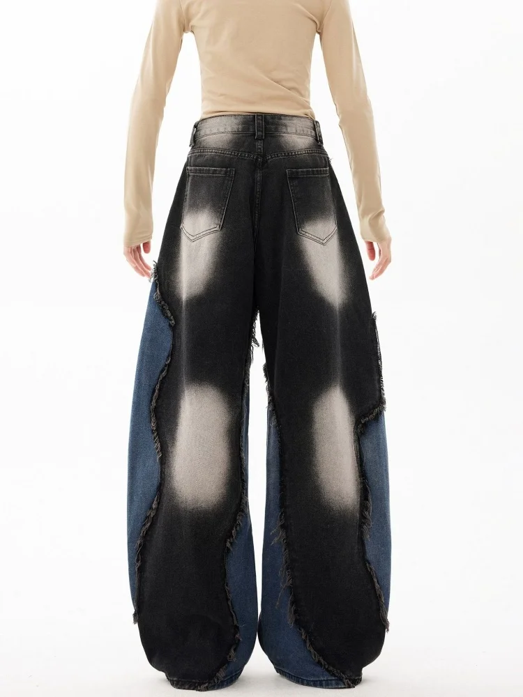 2026 Punk Y2K Style Contrast Color Patchwork Baggy Women's Stacked Jeans Pants For Woman Clothes Straight Vintage Denim Trousers