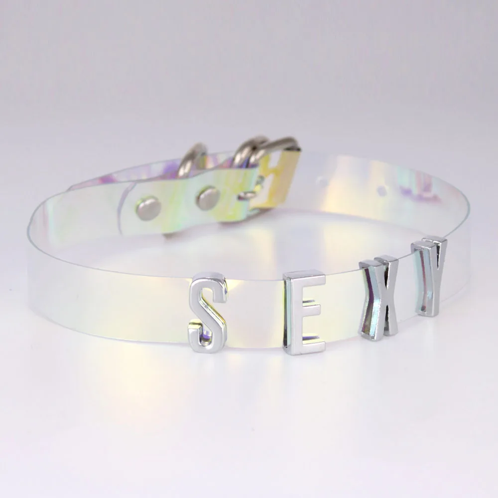 

Classy Custom Name Choker Letters SEXY Necklace Women Dazzling Colorful Laser PU Buckle Collar Chocker Cosplay Party Jewelry