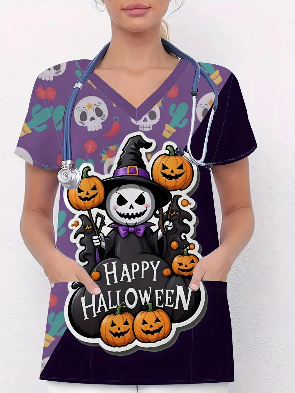 

Halloween Women's Surgical Uniform Pumpkin Patterns Happy Print V-Neck Nursing Top Deal Gift for Medical Staff Clinical Uniform