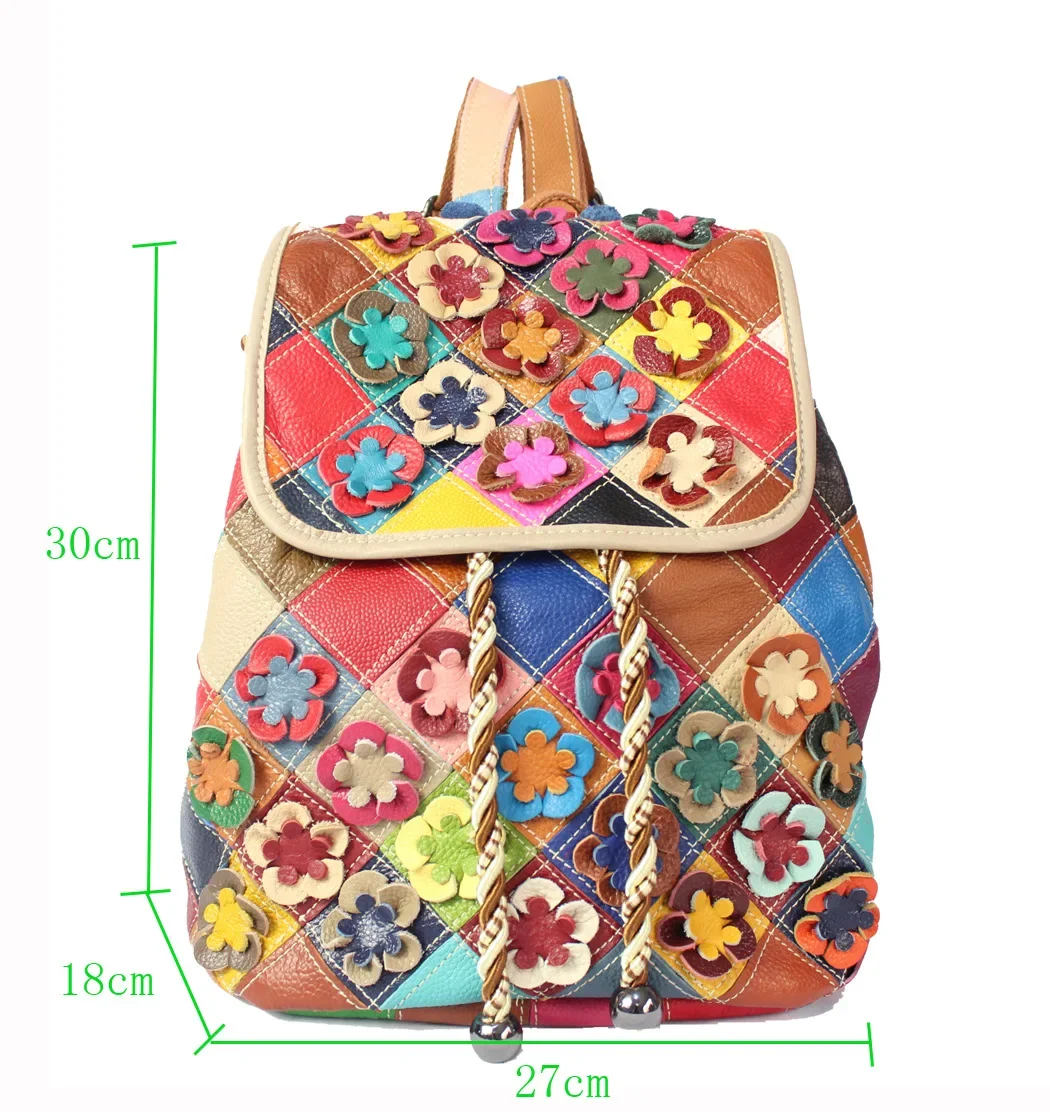 Female Casual Flower Genuine Leather Random Multi-color Backpack Big Size Travel Patchwork Work Daily Laptop Drawstring Daypack