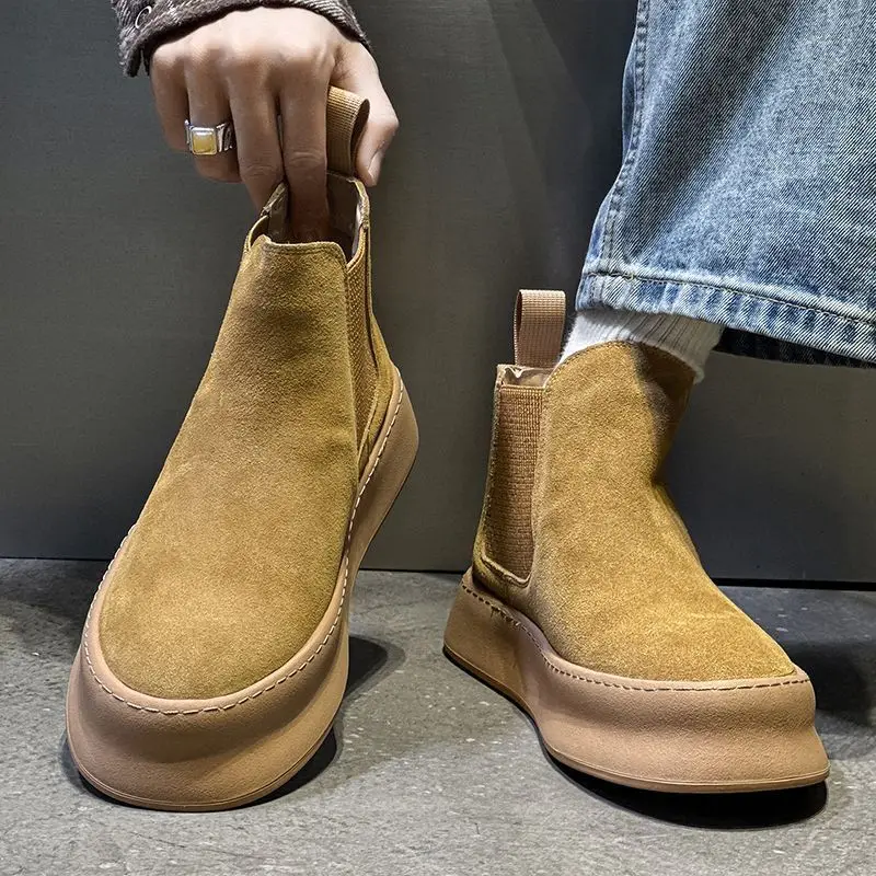 Men Thick Soled Suede Short Boots Retro Autumn Winter Comfortable Fashionable Height Increasing Boots for Casual Young People