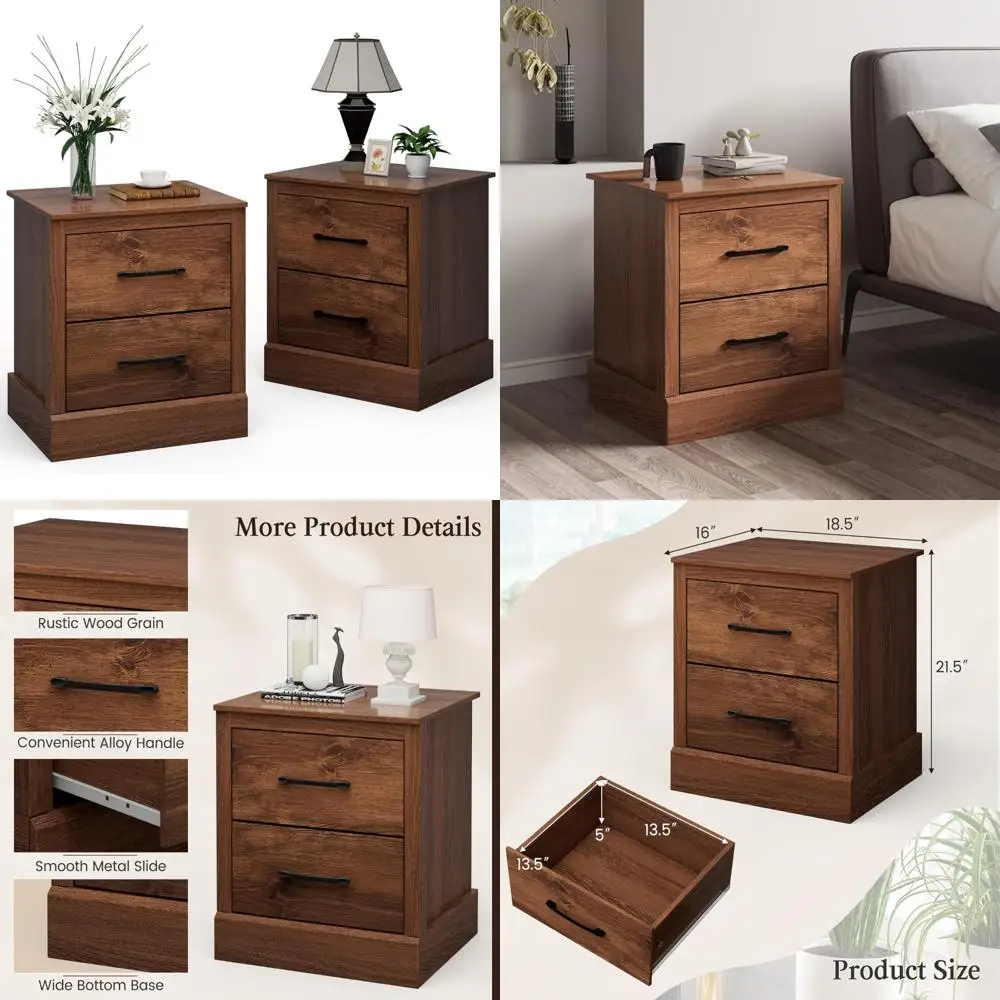 

Set of 2 Farmhouse Style Nightstands, Wooden Bedside Tables with Storage Drawers, Compact Night Stands for Sofa, Walnut Accent