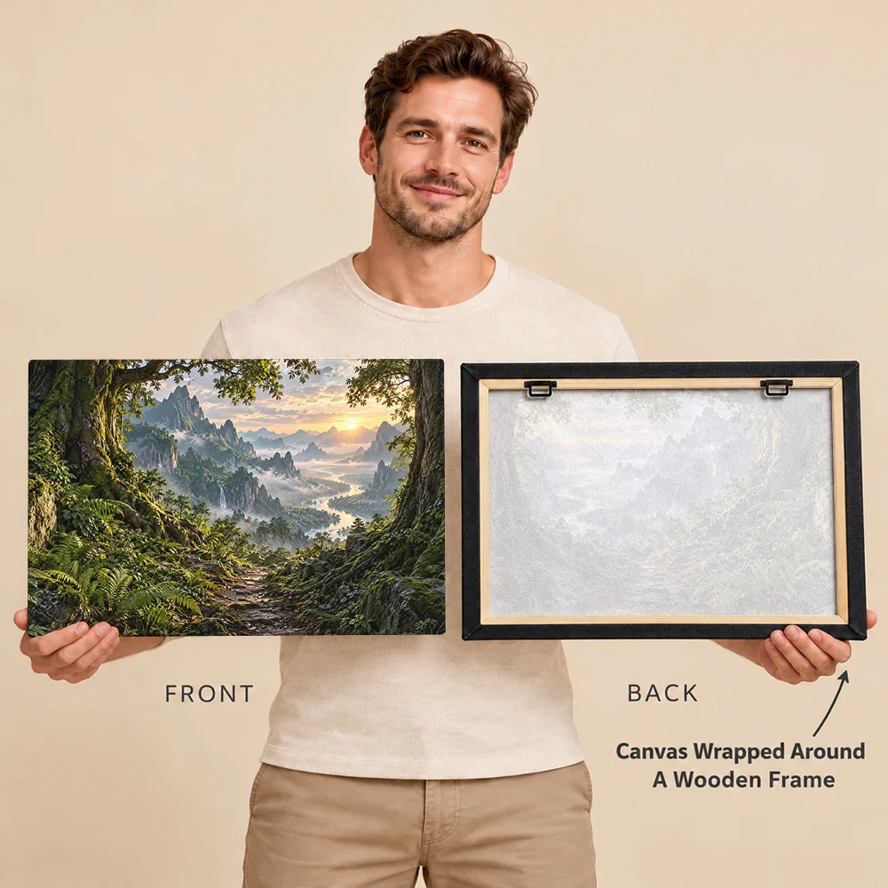 Misty Mountain Valley At Sunset Wood Framed Canvas Print Personalized Photo Colorful Scenic Illustration Wall Art For Bedroom