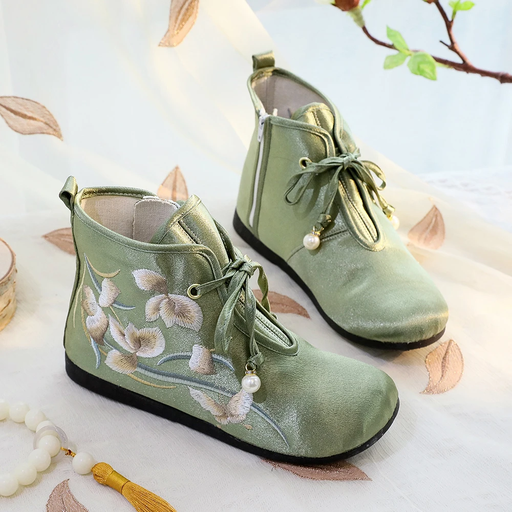 Veowalk Women Satin Cotton Fabric Lace Up Short Ankle Flat Boots Soft Comfortable Embroidered Shoes Green Beige White Booties