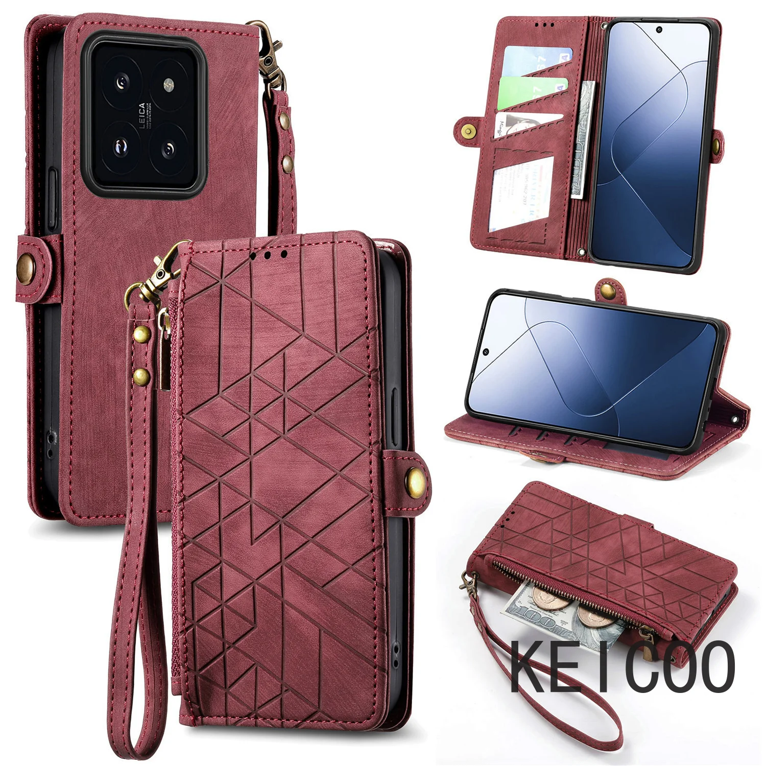 Anti-fall Shell for Xiaomi 14 POCO C55 C51 13 Civi2 Lite Ultra Geometric Zipper Wallet Cases Business Shock Absorption Cover