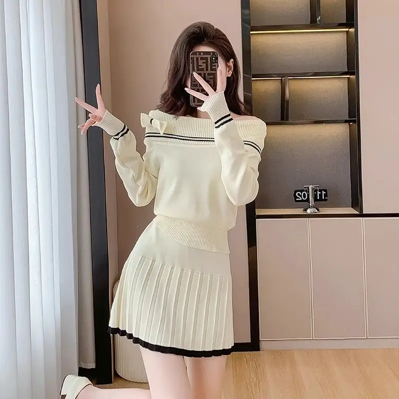 

New Korean style college style one shoulder knitted half skirt two-piece set