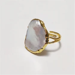 FUWO 1Pcs Gorgeous Natural Fresh Water Pearl Finger Ring,Golden Plated Fashion Adjustable Rings For Noble Women Gift RG061
