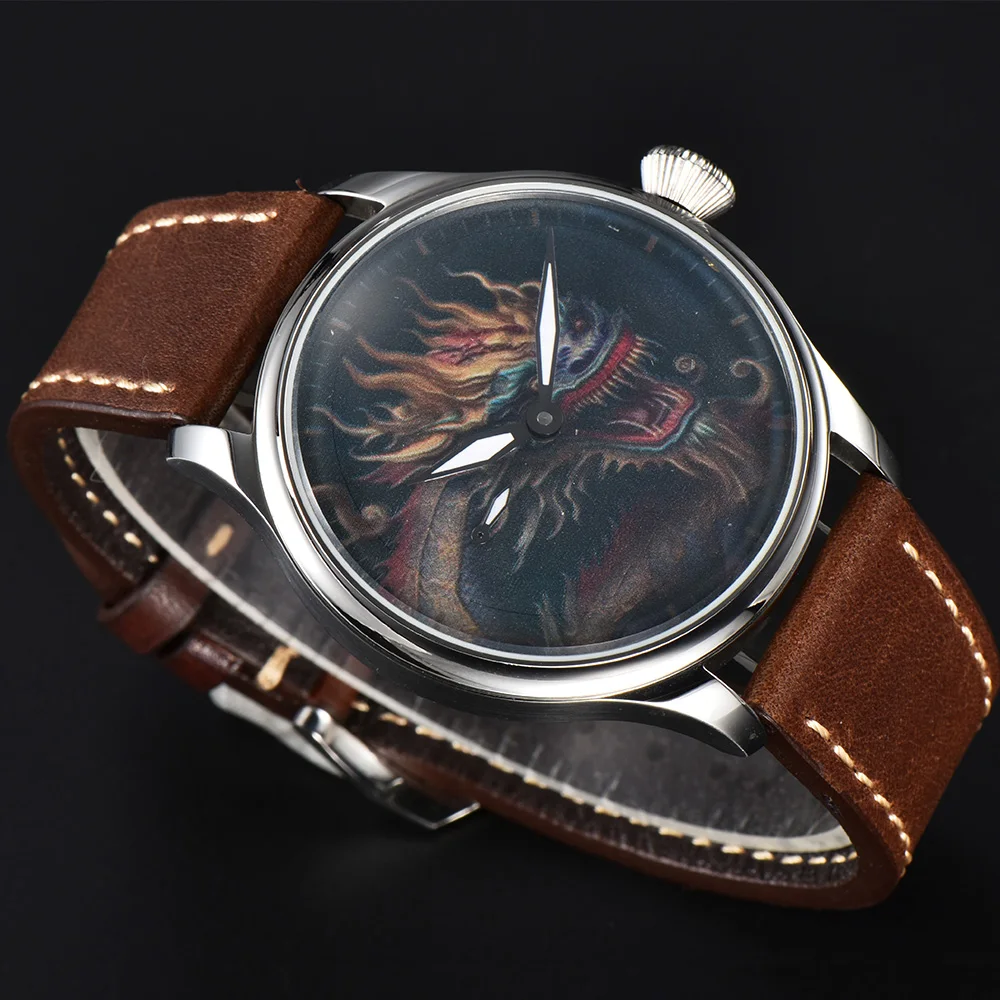 Parnis 44mm Hand Winding Mens Classic Dragon Drawing Dial Wrist Watch