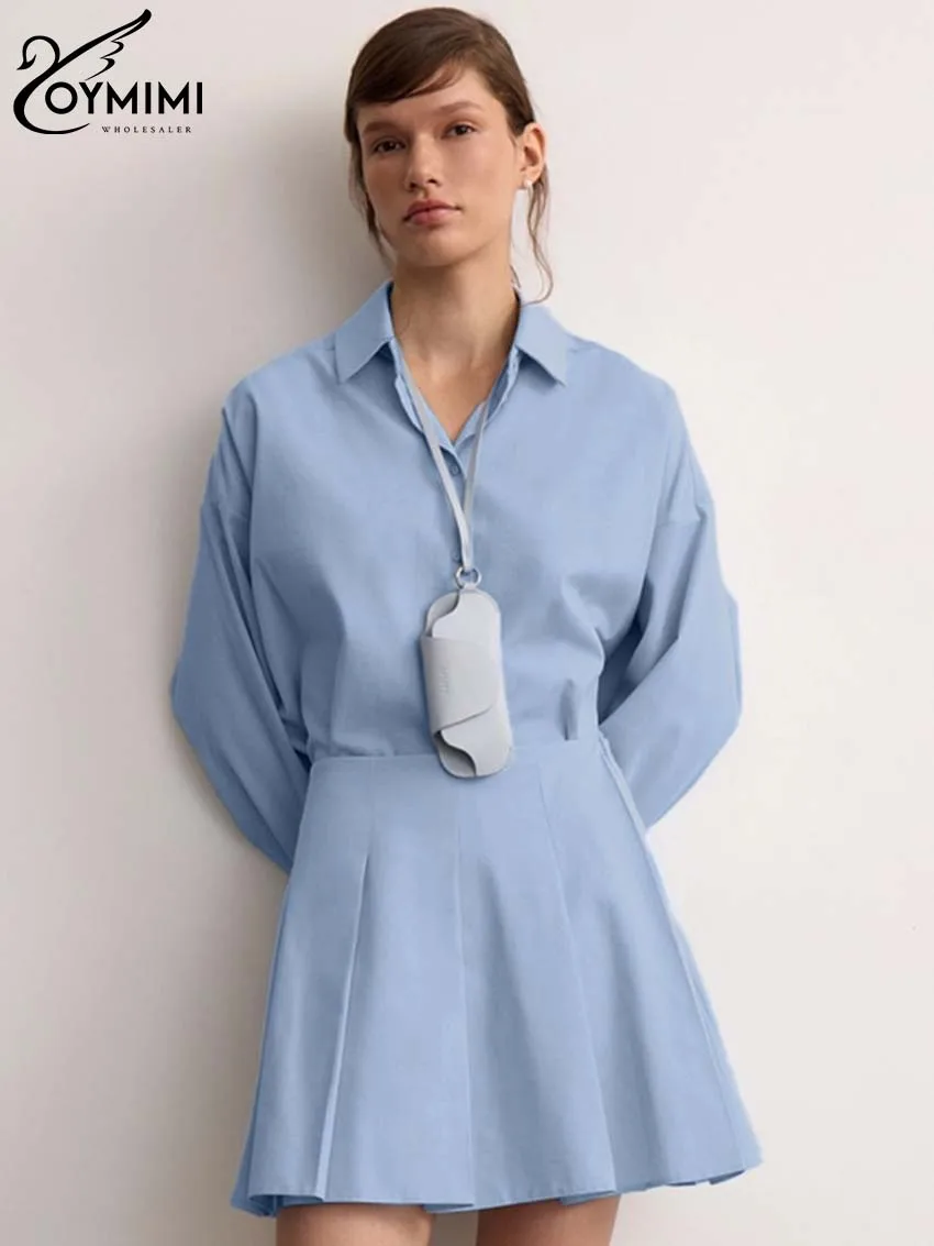 Oymimi Elegant Blue Cotton Sets For Women 2 Pieces Fashion Lapel Long Sleeve Button Shirts And High Waist Pleated Mini Skirt Set