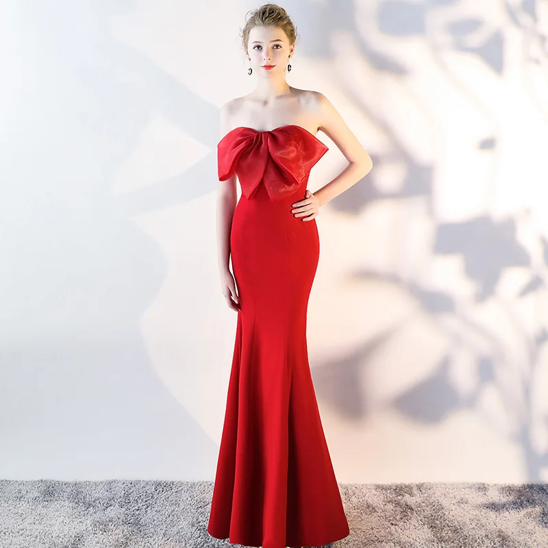 

White Strapless Evening Dress Women Satin Bow Ruffle Sweetheart Bodice Slim Mermaid Floor Length Prom Party Formal Gala Gown