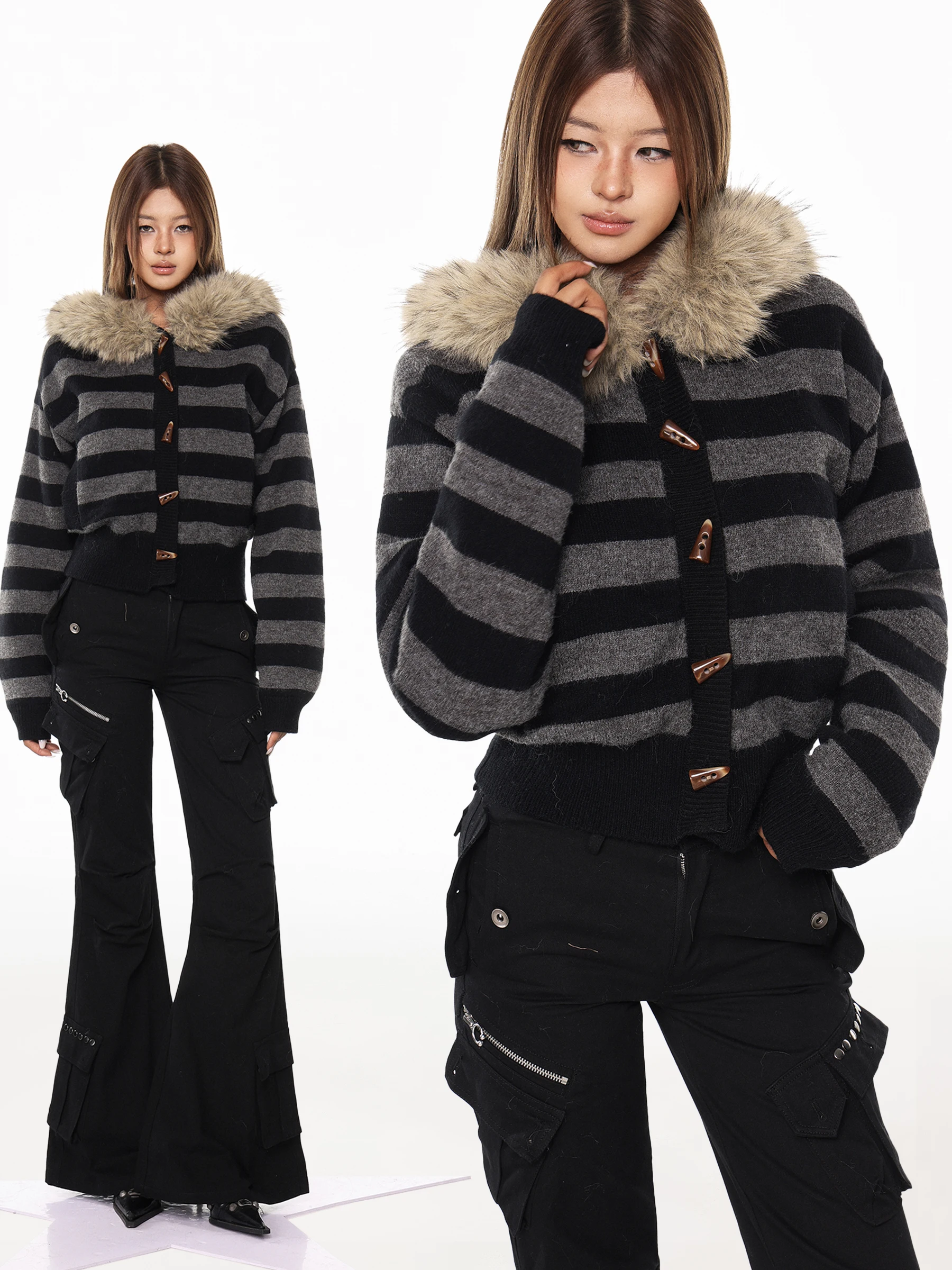 

Американский вязаный кардиган с капюшоном и воротником из искусственного меха, женский зимний утепленный кардиган в полоску на пуговицах с длинными рукавами