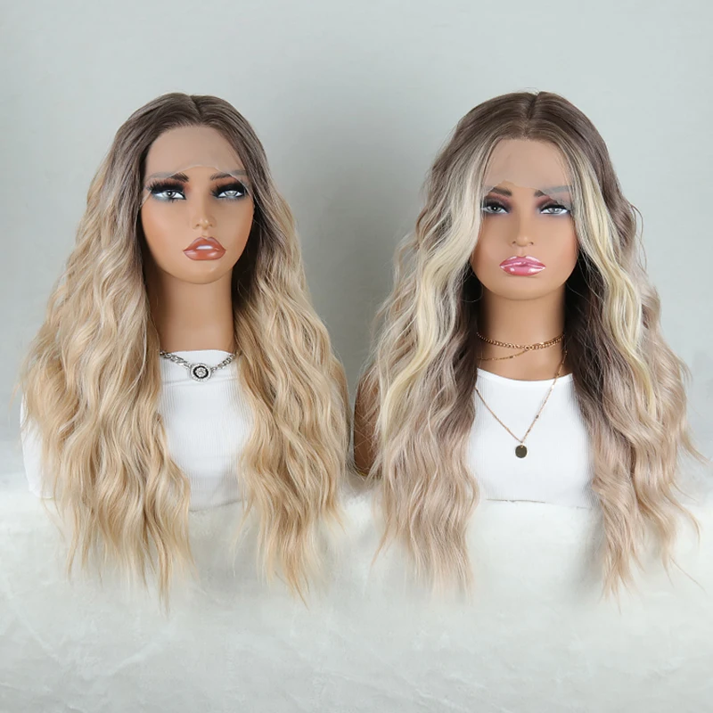 Snowdrop Synthetic Curly Wavy Lace Front Wig 26Inches Highlight Brown Wig Ombre Blonde Lace Closure Wig Realistic Wigs Woman