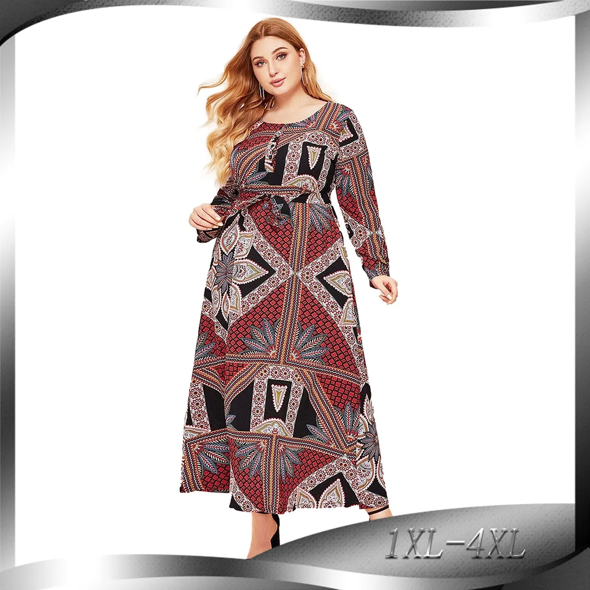 

Plus-size Vintage Muslim Dress Loose Geometric Pattern Abayas for Women Casual Long Sleeve Arabia Dubai Abayas Party Holiday