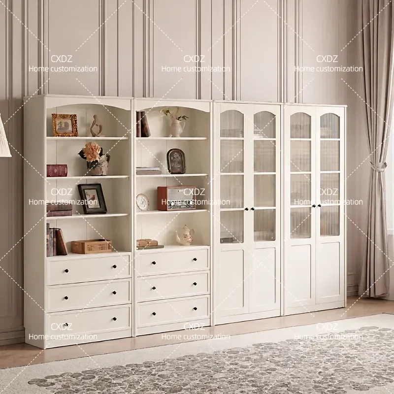 French Style Solid Wood Bookcase with Cabinet Doors American Cream Floor to Ceiling White Display Shelf for Living Room