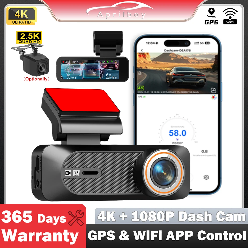 

Aprilboy Real 4K Dual Dash Cam, 4K Rearview Camera Supported, WIFI GPS ADAS & Night Vision Function