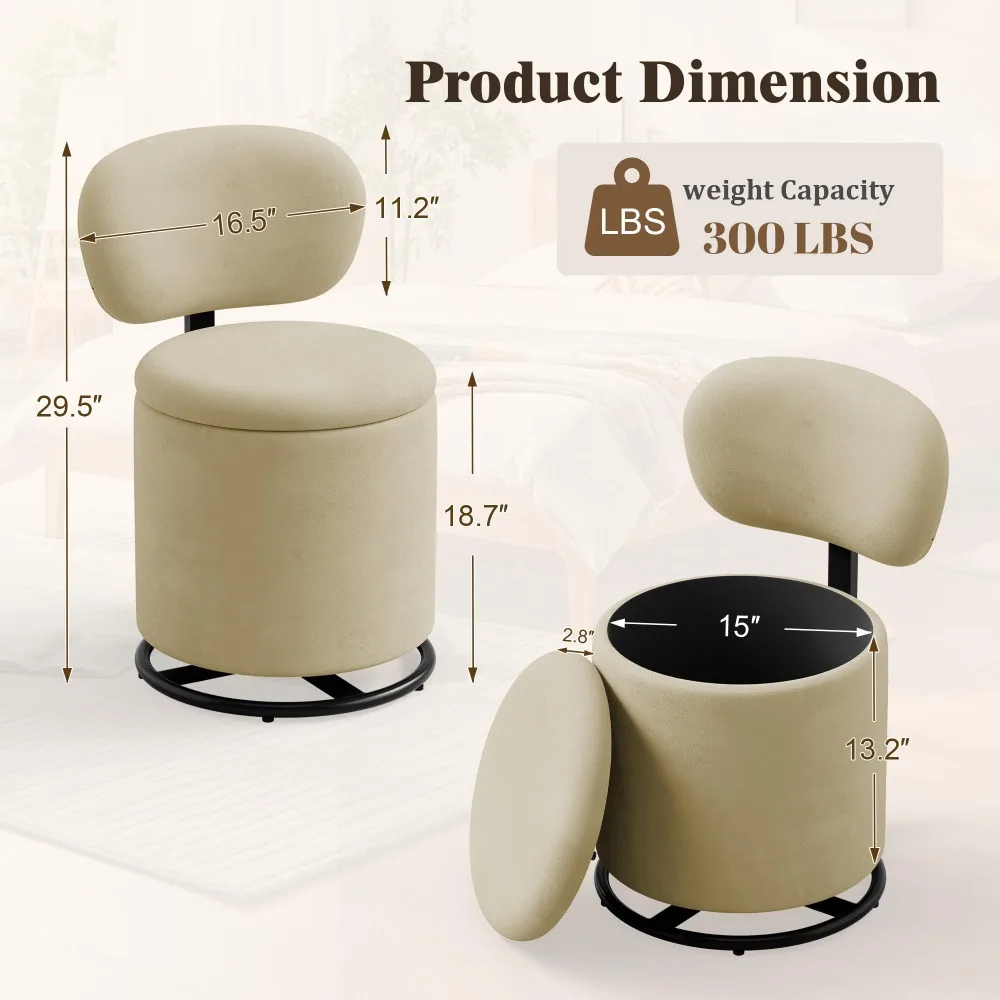 Camel Velvet Swivel Vanity Chair with Storage Makeup Stool
