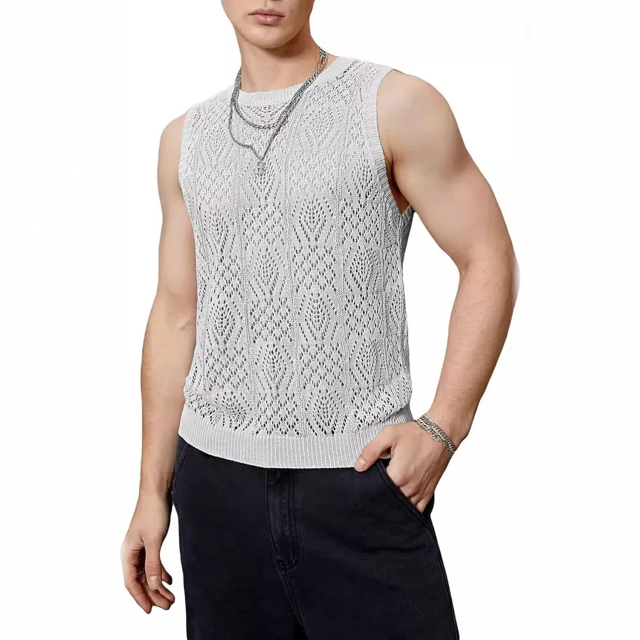 Streetwear Male Vest Thin Hollow Out Mesh Knitted Tanks Mens Sexy Summer Sleeveless Tank Top