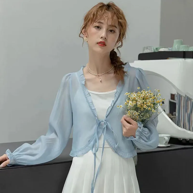 Xpqbb Solid Color Long Sleeve Chiffon Blouse Woman Summer Thin Ruffles Sunscreen Shirt Women Cropped Lace Up See Throug Cardigan