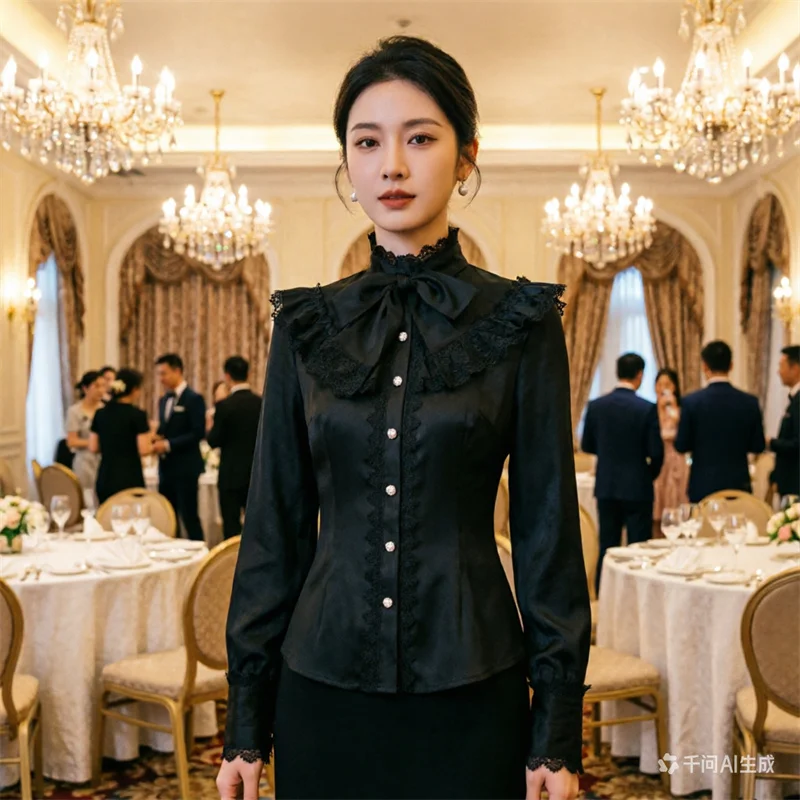 Ladies' New Vintage High-neck Lace Shirt, Wine Red Palace Style Long-sleeved Top, Suitable for Both Banquets and Daily Wear