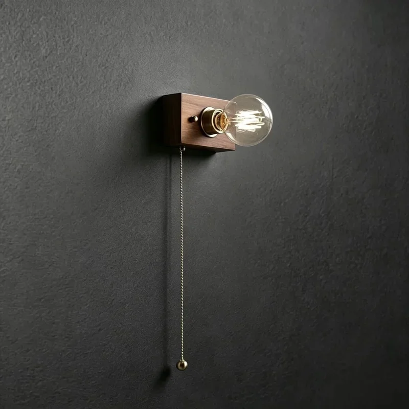 Vintage Wood & Brass Wall Sconce with Pull Chain Switch for Bedroom Bedside Lighting
