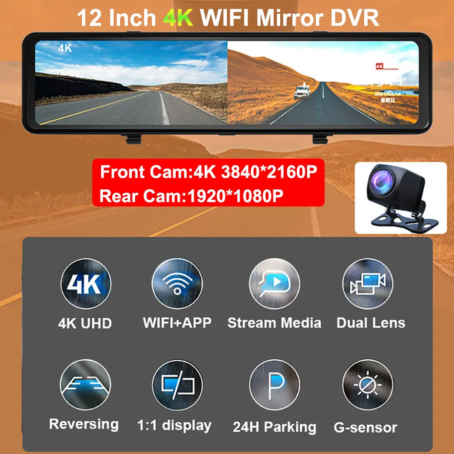 WHEXUNE UHD 1080P Dual Lens 4K Dash Cam Rear 12 Inch View Mirror Car Dvr Cameras Wifi Video Recorder Loop Recording Night Vision